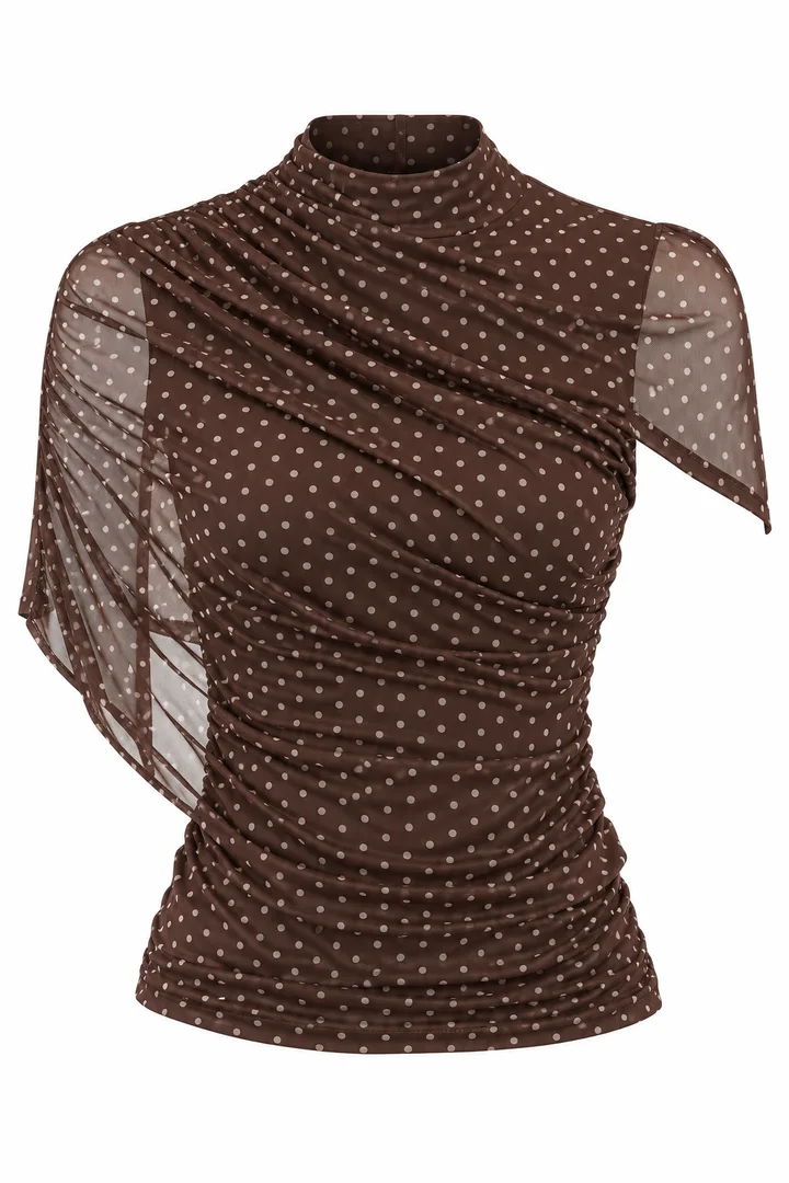 Draped dotted mesh top in Chocolate, ghost-mannequin render