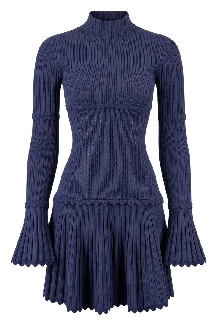 Ribbed flounce mini dress in Navy, ghost-mannequin render