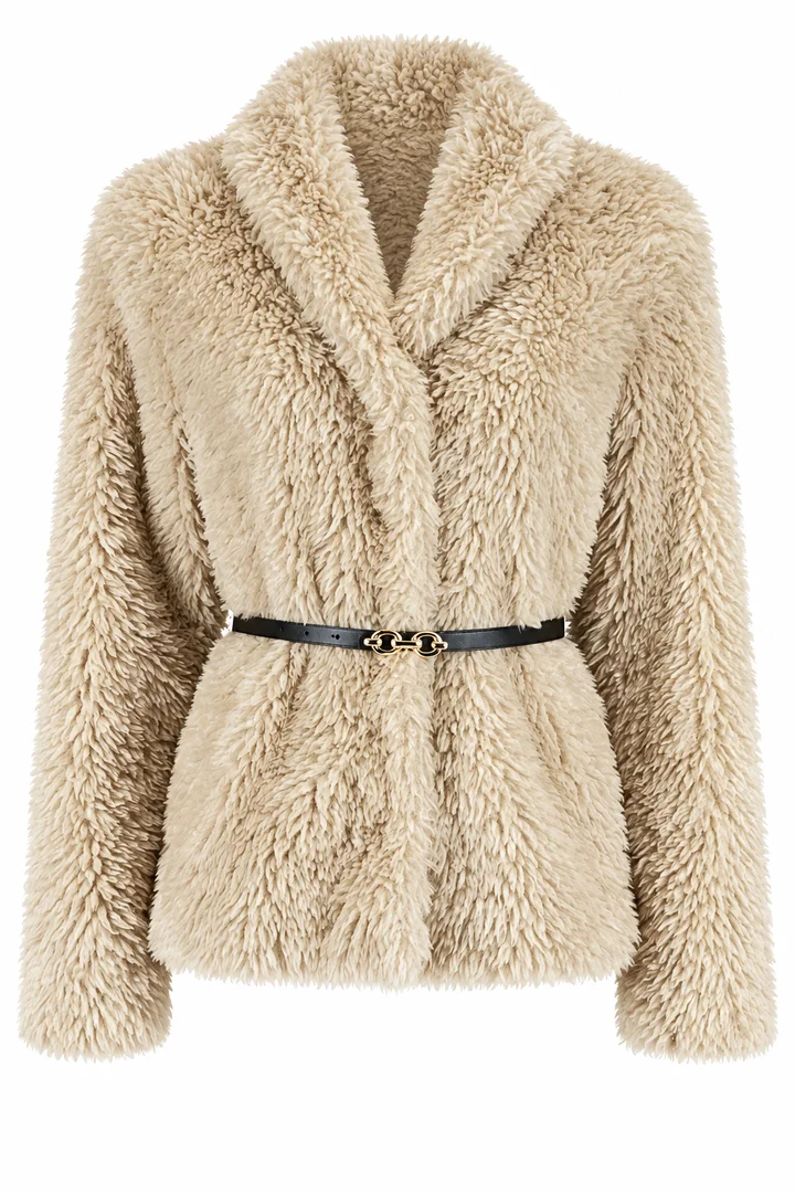 Belted teddy jacket in Sand, ghost-mannequin render