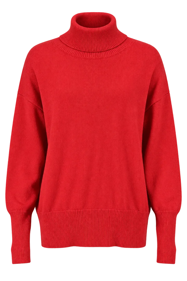 Balloon-sleeve turtleneck in Scarlet, ghost-mannequin render