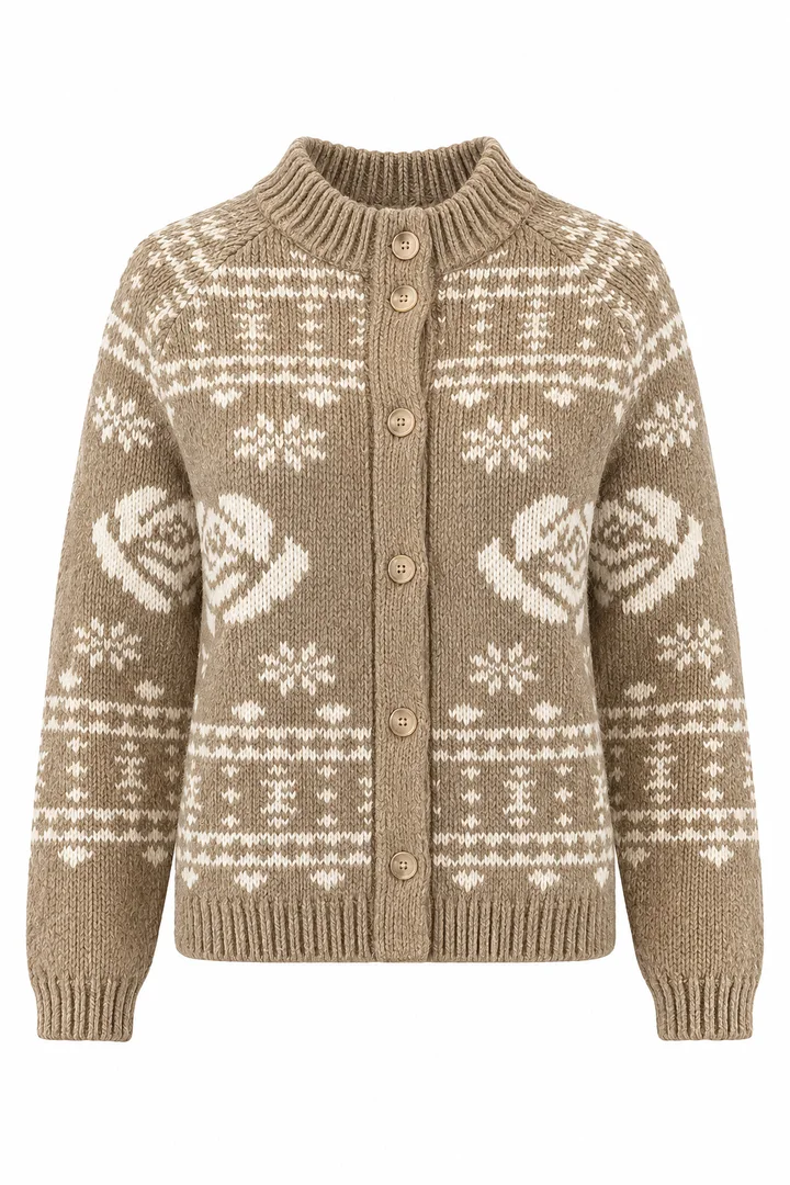 Snowflake zip cardigan in Taupe & ivory, ghost-mannequin render