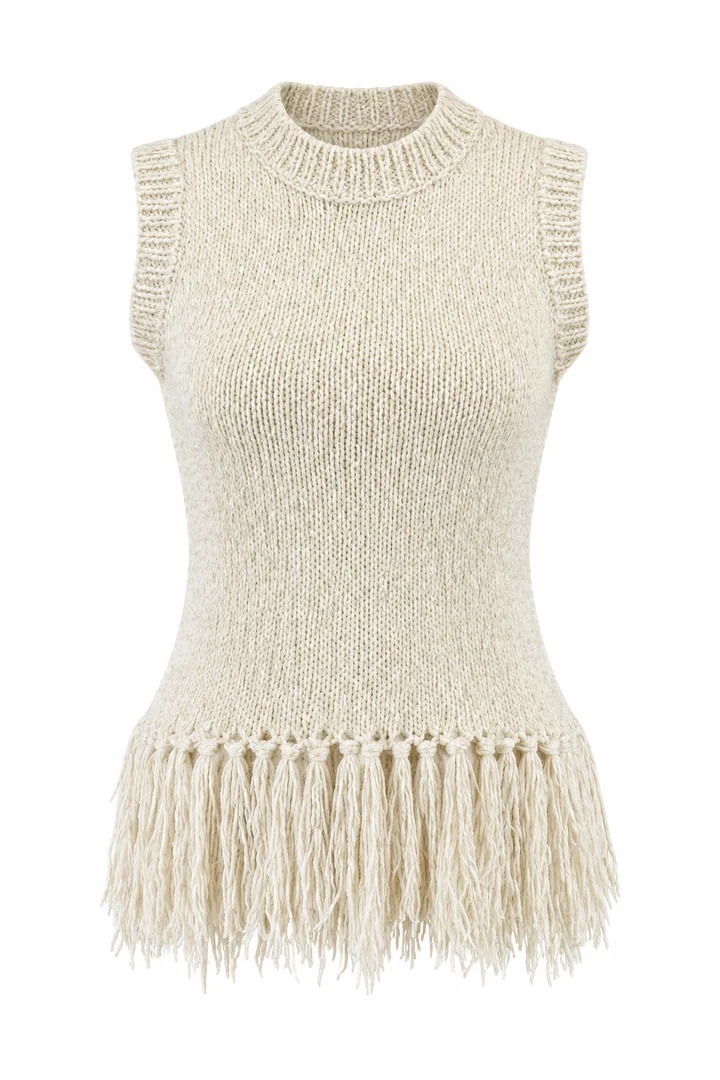 Fringed knit shell in Ecru, ghost-mannequin render