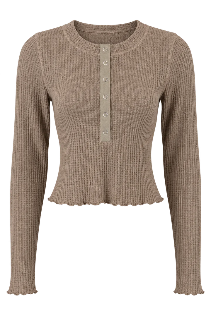 Ribbed lettuce-edge cardigan in Taupe, ghost-mannequin render