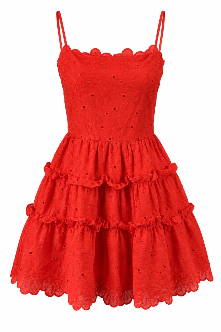 Tiered eyelet mini dress in Scarlet, ghost-mannequin render