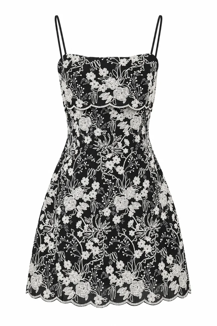 Floral lace mini dress in Black & ivory, ghost-mannequin render