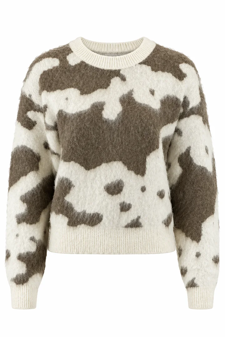 Cow-pattern crewneck in Taupe & ivory, ghost-mannequin render