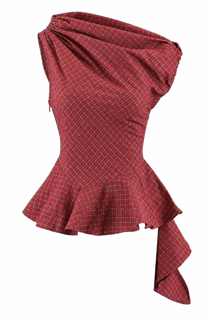Draped asymmetric peplum top in Red check, ghost-mannequin render