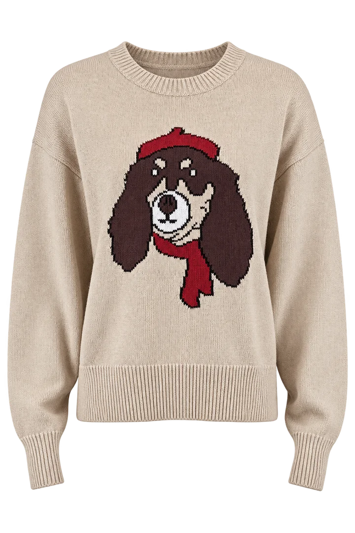 Scarf-dog intarsia sweater in Taupe, ghost-mannequin render