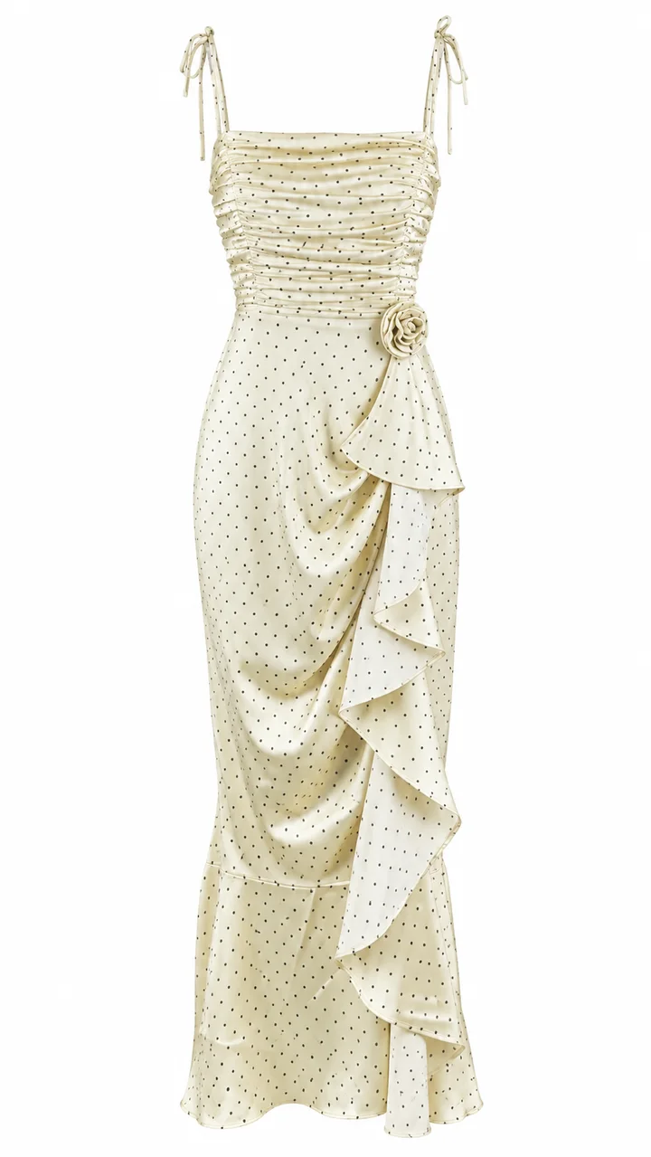 Ruched ruffle maxi dress in Buttercream, ghost-mannequin render
