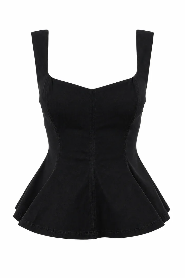 Sculpted peplum top in Black, ghost-mannequin render