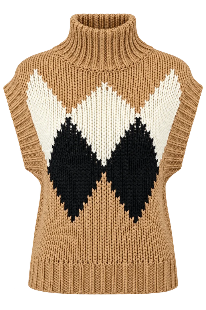 Argyle turtleneck vest in Camel, ghost-mannequin render
