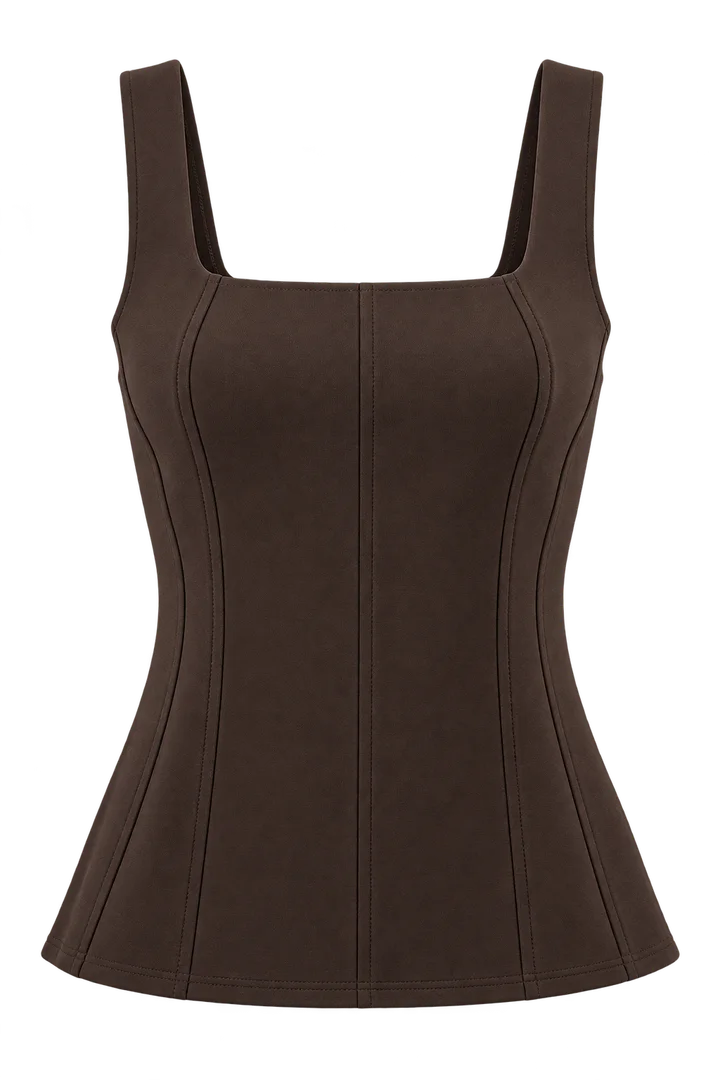 Panelled square-neck top in Chocolate, ghost-mannequin render