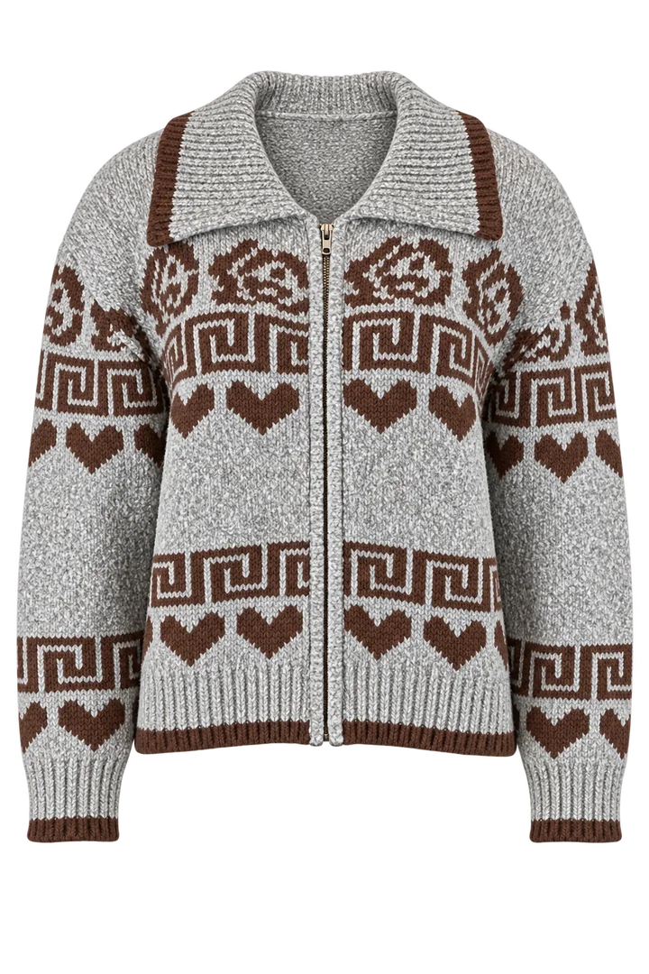 Geometric zip cardigan in Grey & brown, ghost-mannequin render