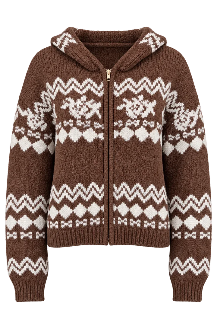 Fair Isle zip hoodie in Brown & ivory, ghost-mannequin render