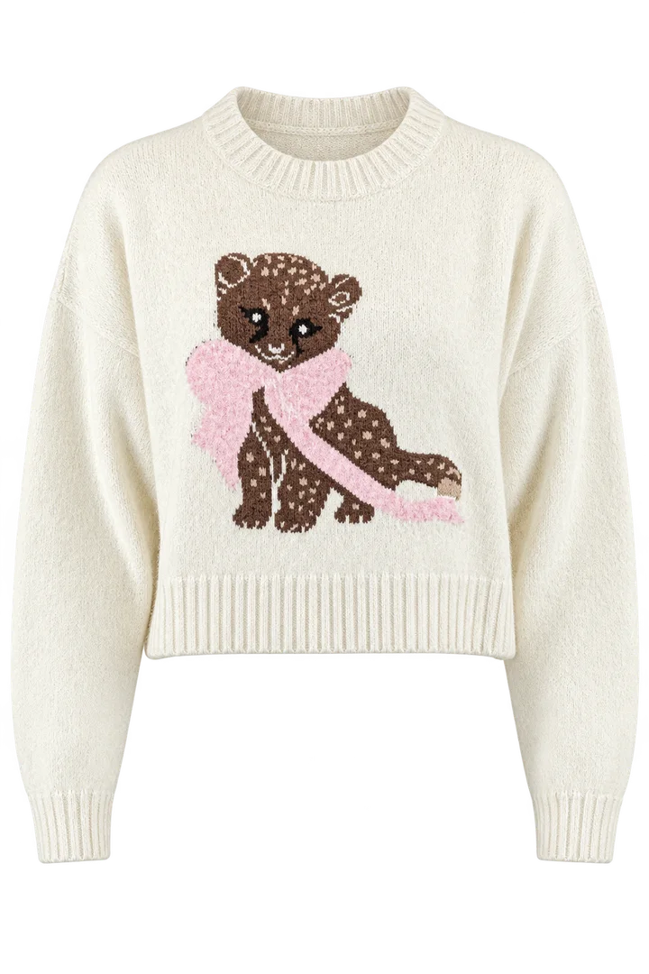 Dog-intarsia crewneck in Ivory & rose, ghost-mannequin render