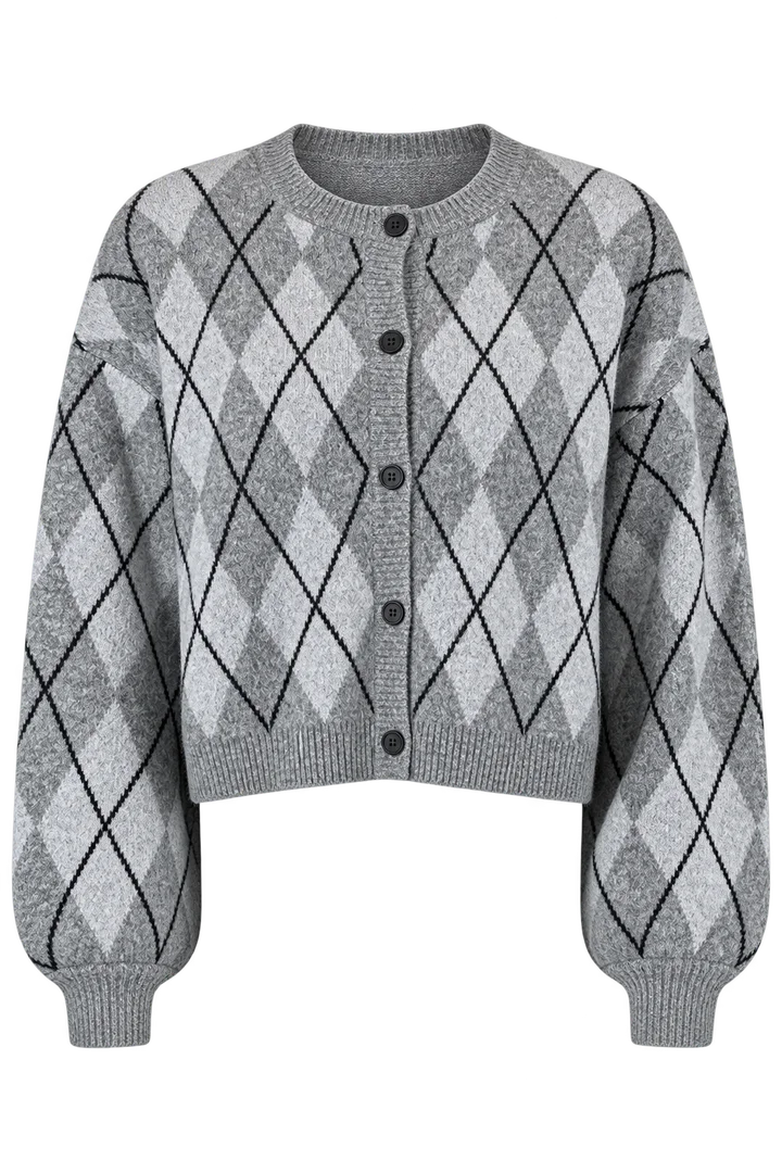 Argyle balloon-sleeve cardigan in Grey, ghost-mannequin render