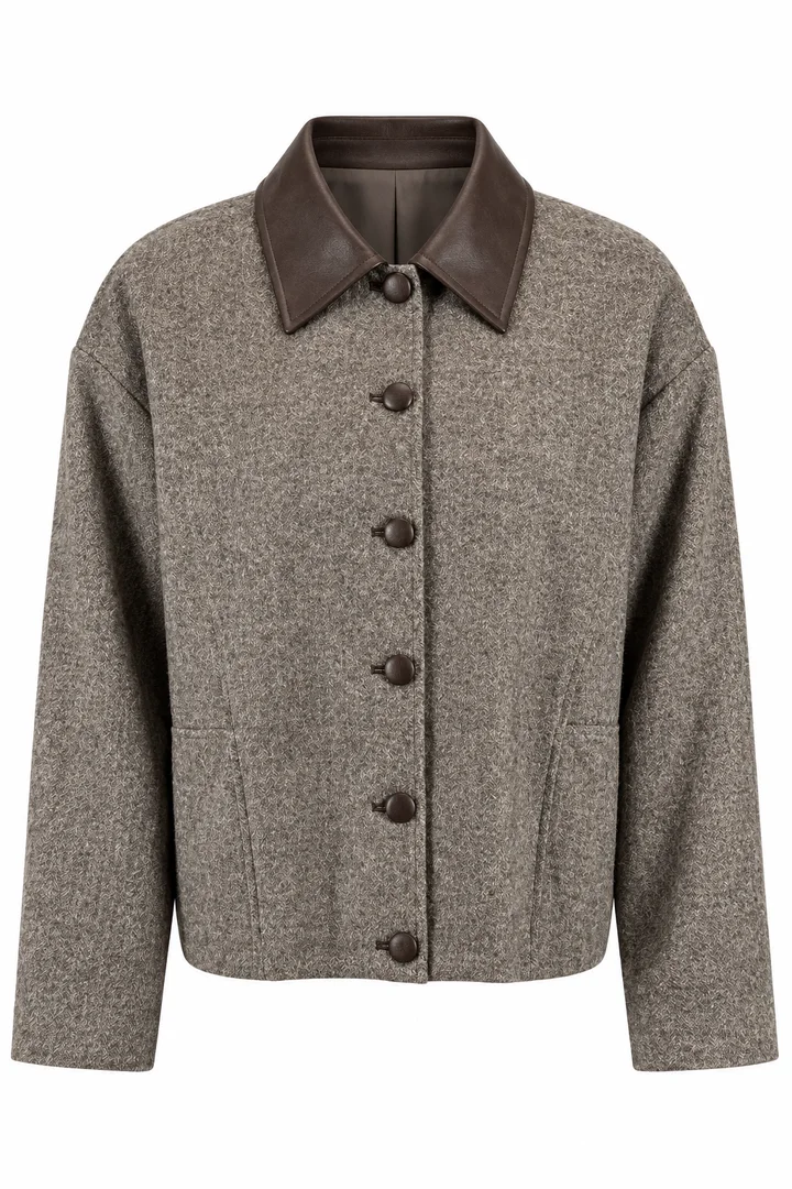 Contrast-collar cropped jacket in Taupe, ghost-mannequin render