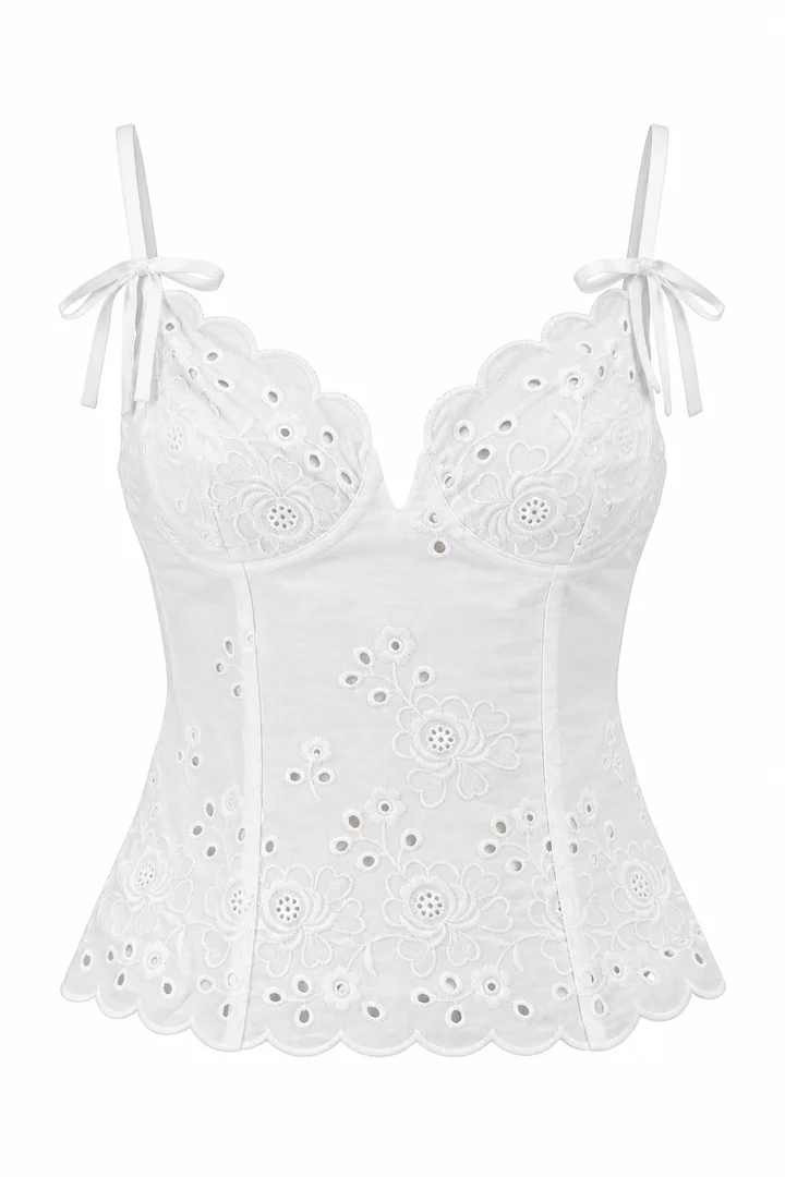 Eyelet tie-strap cami in White, ghost-mannequin render