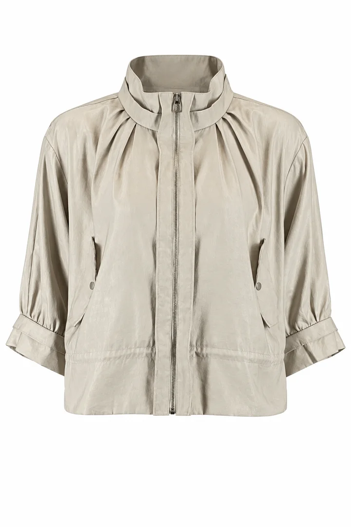 Gathered stand-collar jacket in Stone, ghost-mannequin render