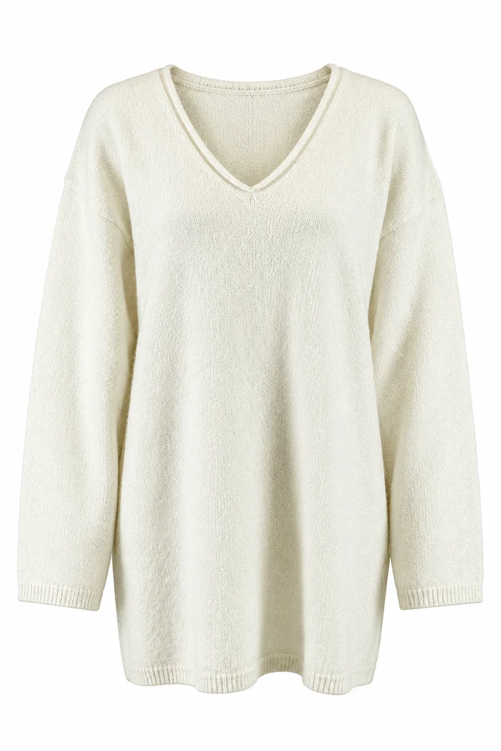 Relaxed V-neck sweater in Ivory, ghost-mannequin render