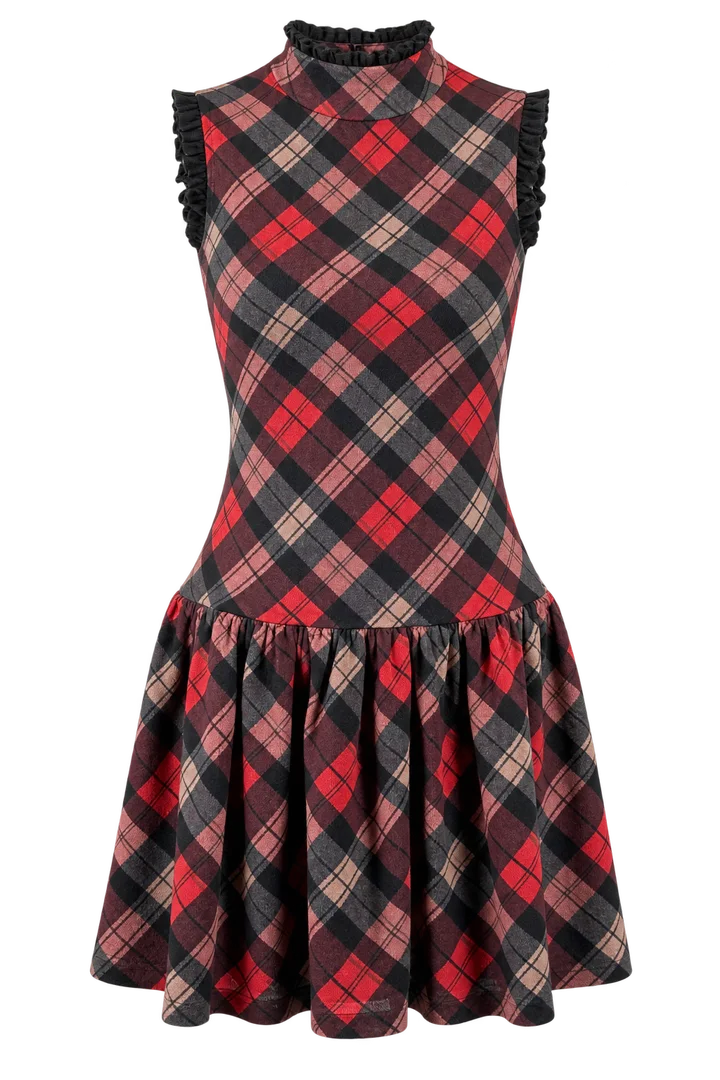 Plaid ruffle mini dress in Red plaid, ghost-mannequin render
