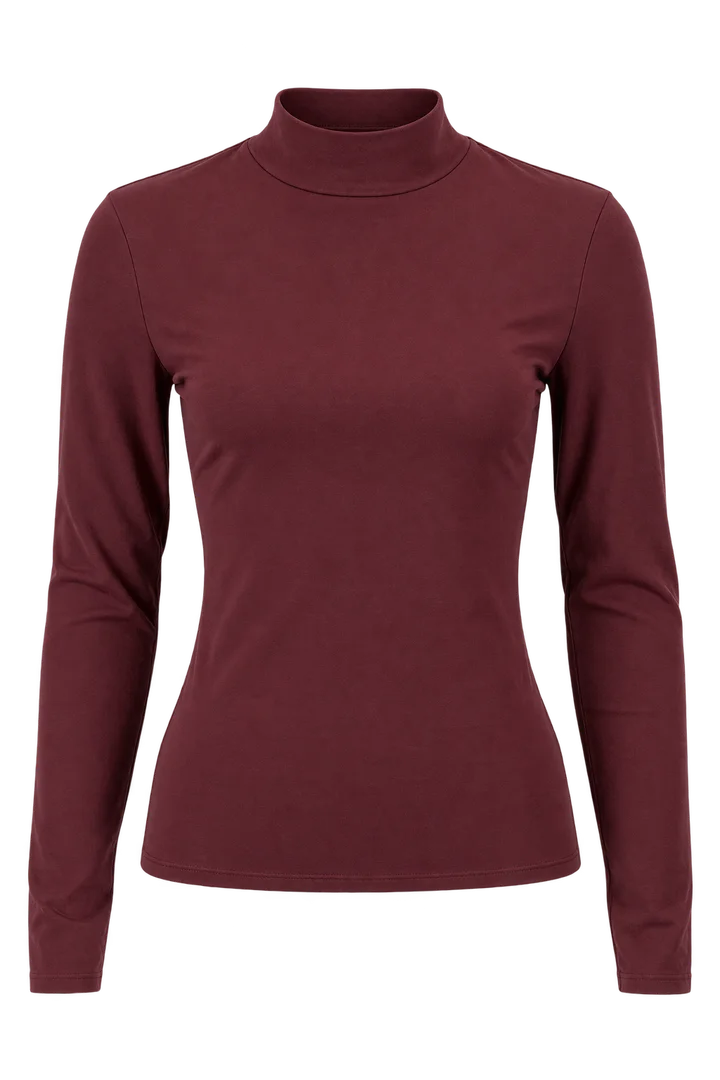 Fine-knit mock-neck top in Burgundy, ghost-mannequin render