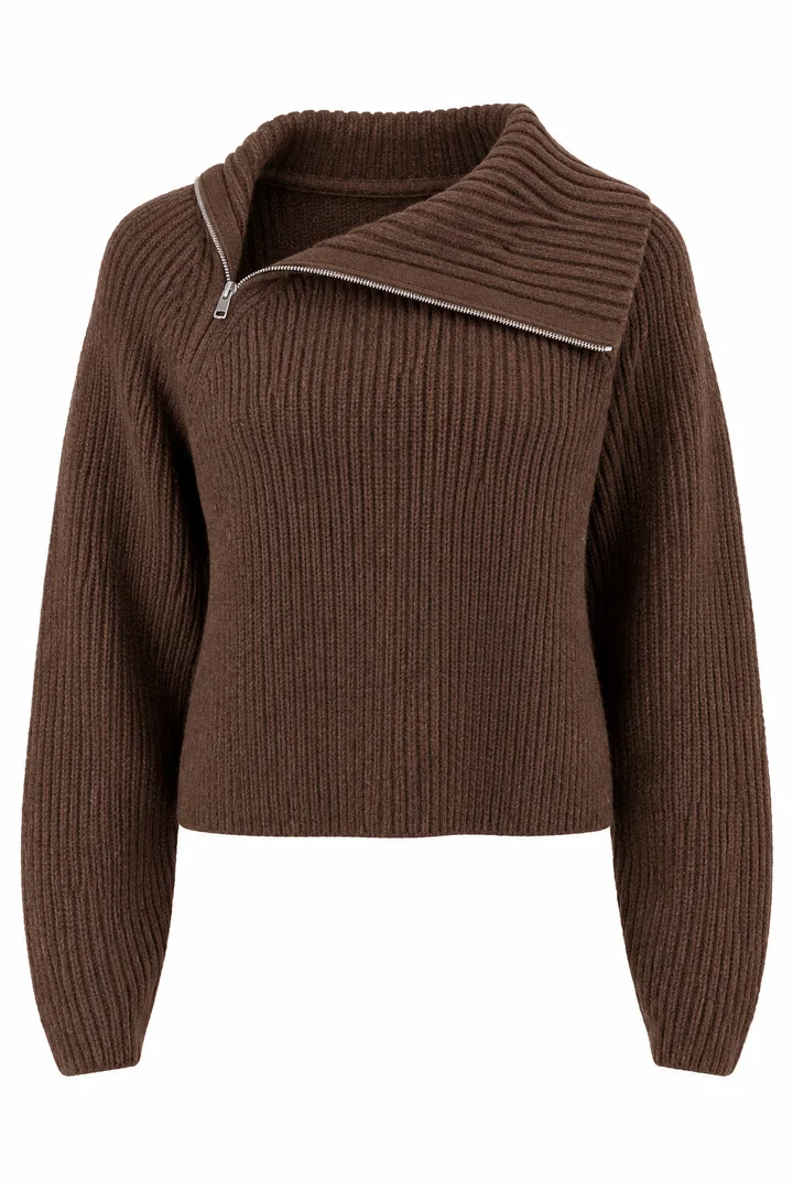 Asymmetric zip-collar sweater in Chocolate, ghost-mannequin render