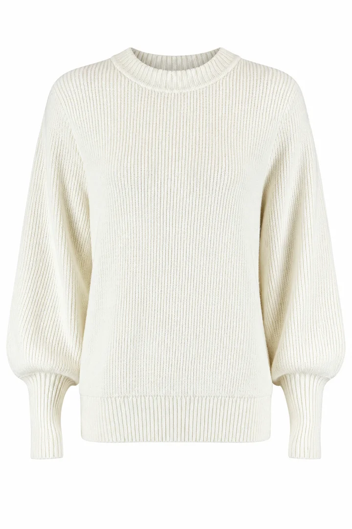 Balloon-sleeve rib sweater in Ivory, ghost-mannequin render