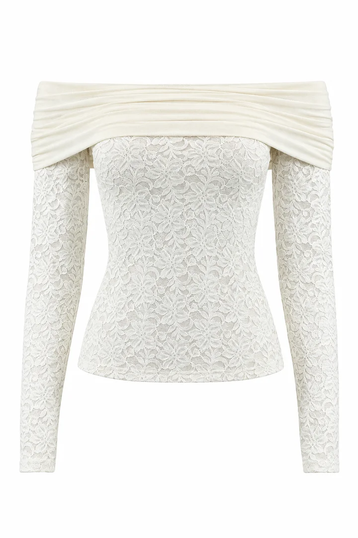 Off-shoulder lace top in Ivory, ghost-mannequin render