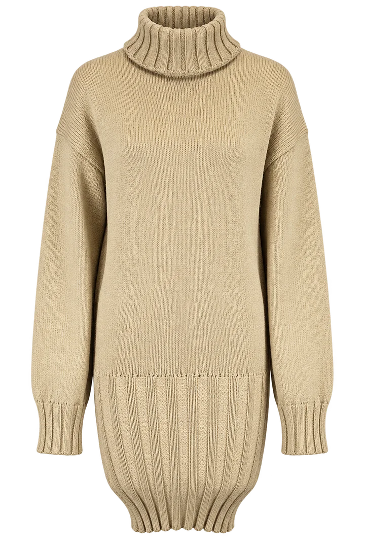 Oversized turtleneck dress in Oat, ghost-mannequin render
