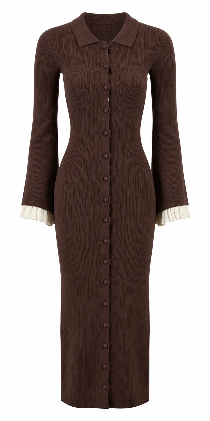 Lace-cuff shirt dress in Chocolate, ghost-mannequin render