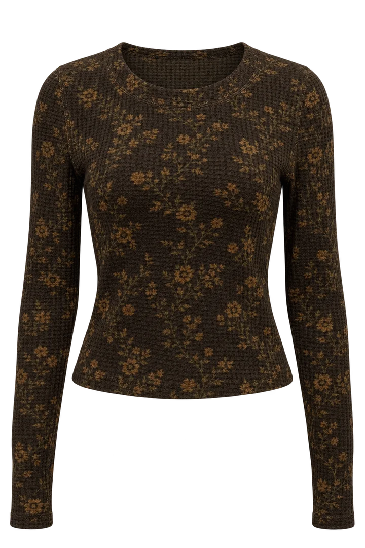 Floral mesh long-sleeve top in Dark brown floral, ghost-mannequin render