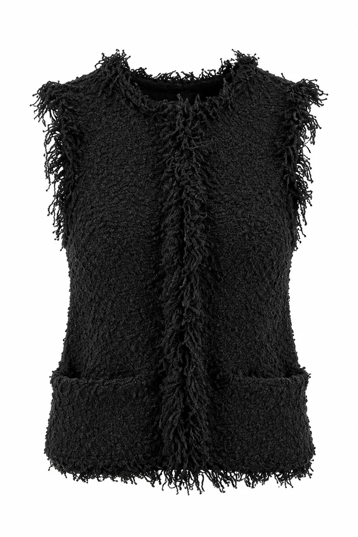 Fringed textured vest in Black, ghost-mannequin render