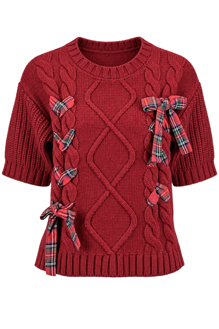 Bow-trim cable-knit sweater in Red, ghost-mannequin render