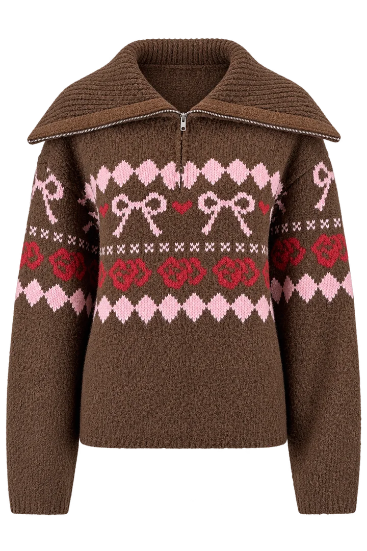 Heart-pattern zip sweater in Chocolate & pink, ghost-mannequin render