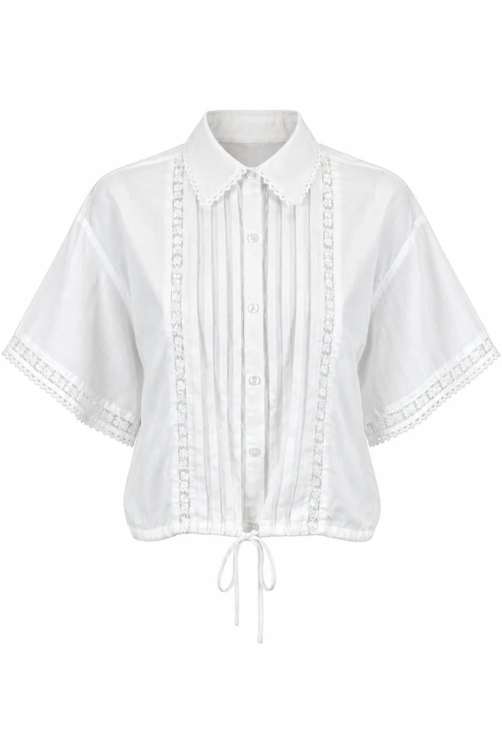 Drawstring eyelet shirt in White, ghost-mannequin render