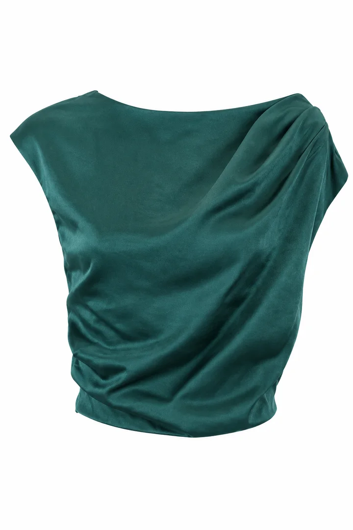 Draped asymmetric top in Deep teal, ghost-mannequin render
