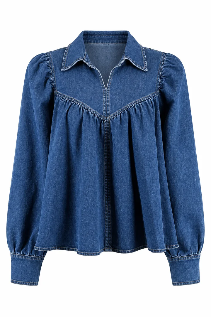 Collared denim blouse in Indigo, ghost-mannequin render