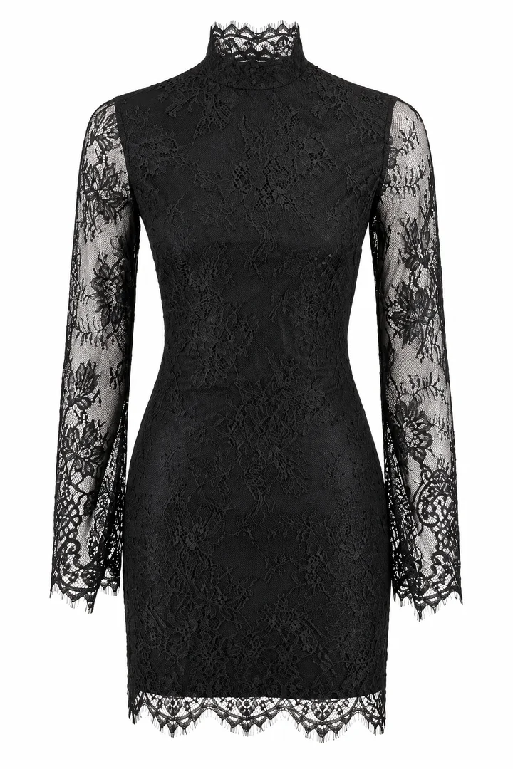 High-neck lace mini dress in Black, ghost-mannequin render