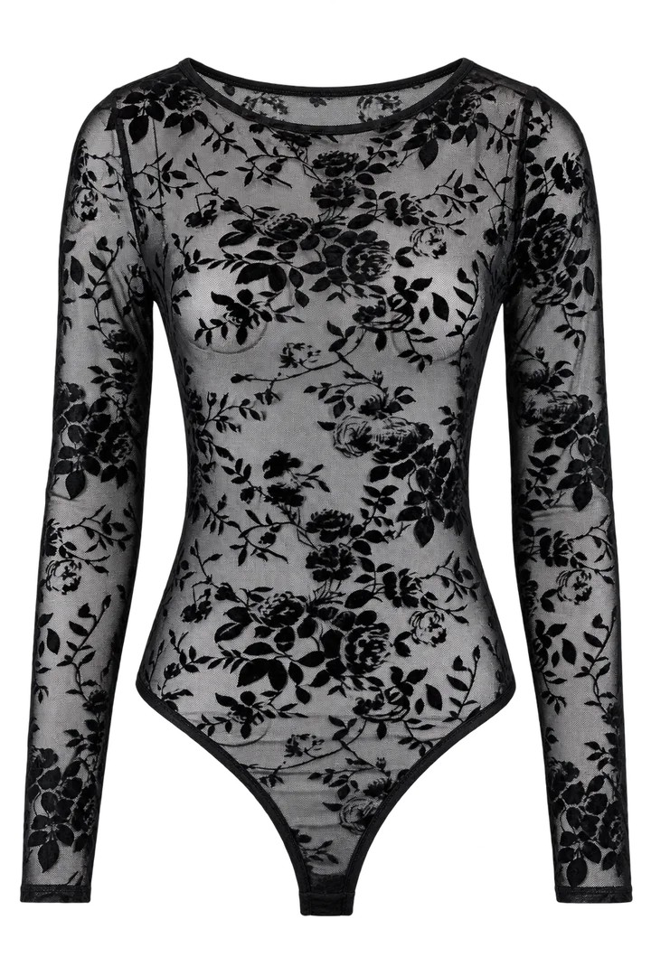 Floral lace bodysuit in Black lace, ghost-mannequin render