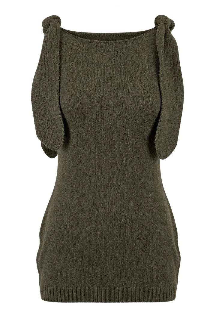 Tie-shoulder knit top in Olive, ghost-mannequin render
