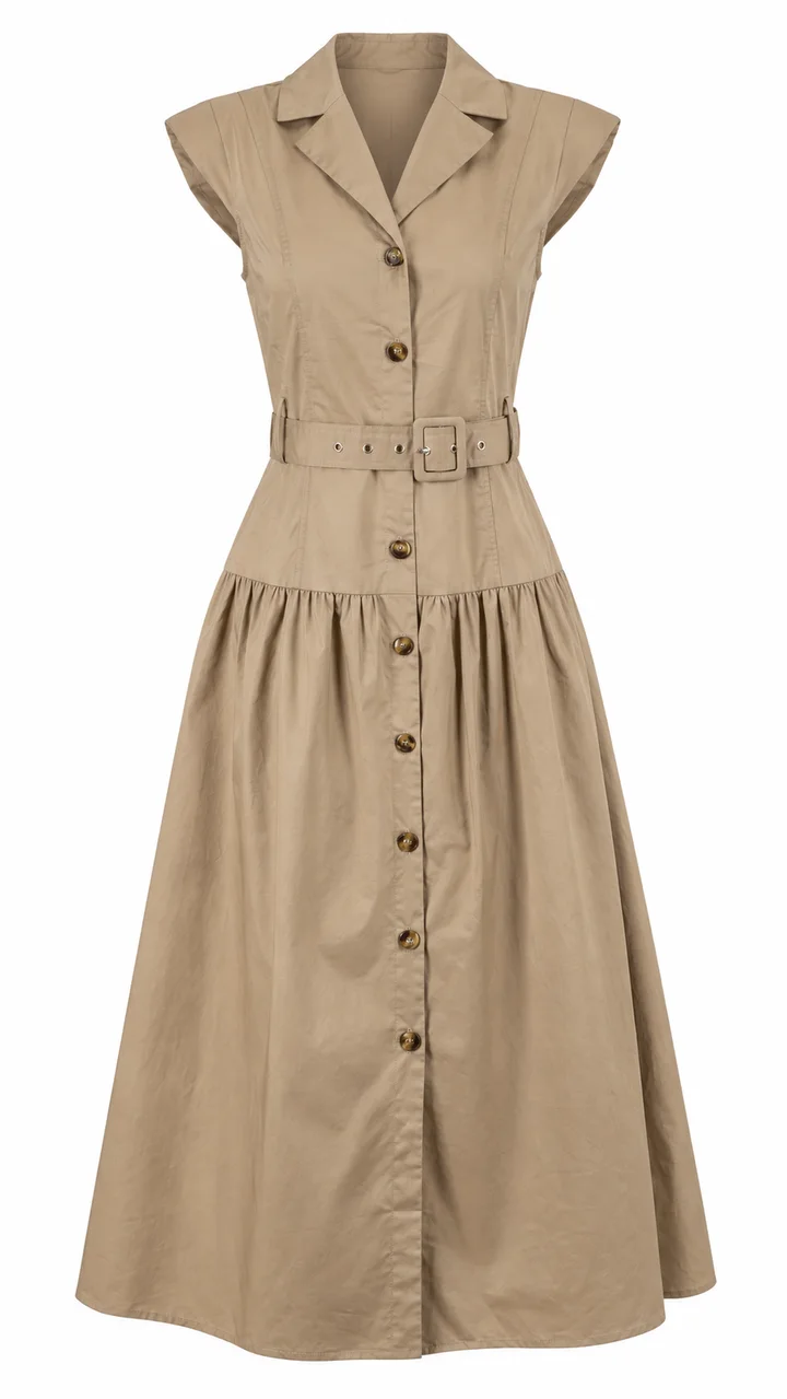 Belted utility shirt dress in Khaki, ghost-mannequin render