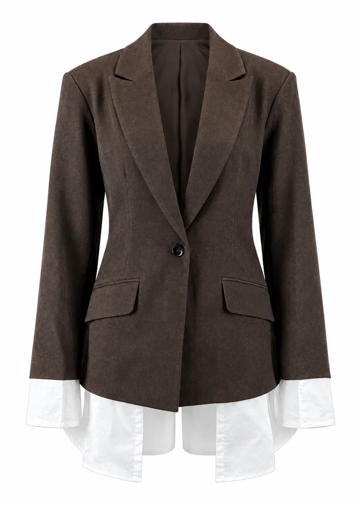 Layered-hem tailored blazer in Chocolate & white, ghost-mannequin render