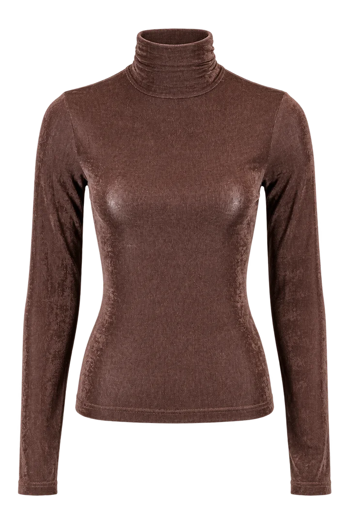 Shimmer turtleneck top in Bronze brown, ghost-mannequin render