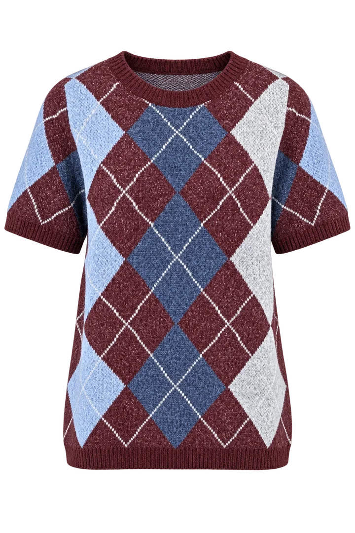Argyle short-sleeve sweater in Burgundy & blue, ghost-mannequin render