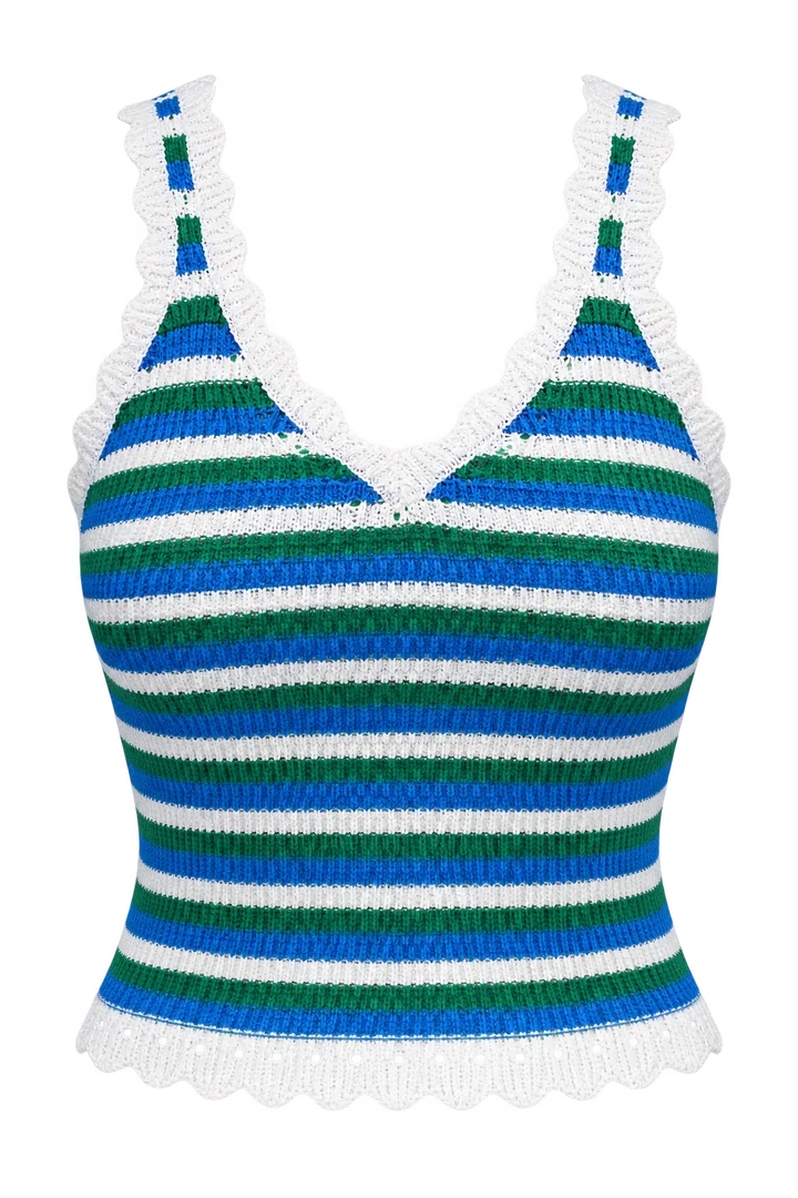 Striped crochet cami in Blue & green stripe, ghost-mannequin render