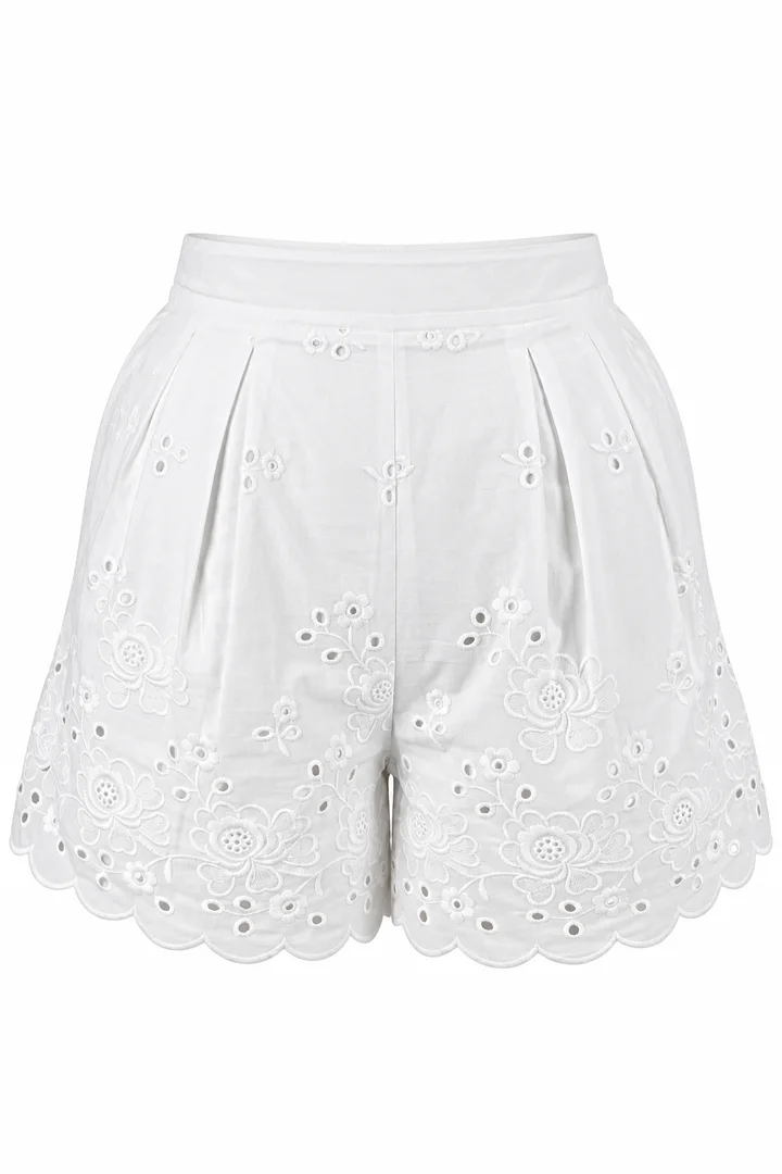Scalloped eyelet shorts in White, ghost-mannequin render