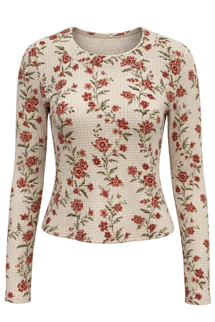 Floral long-sleeve top in Cream floral, ghost-mannequin render