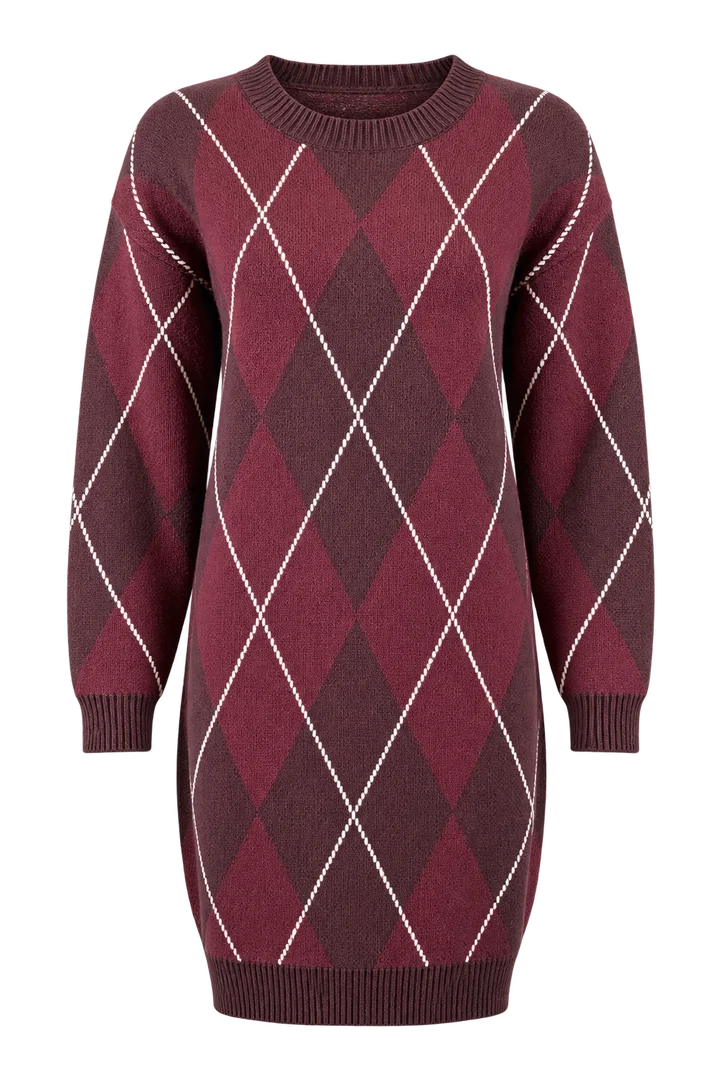 Argyle sweater dress in Burgundy, ghost-mannequin render
