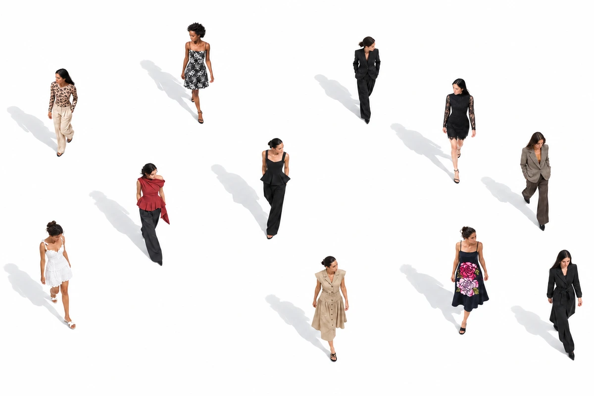 Eleven models wearing Cameron Moragne-Hanson designs, naturally spaced across a shared white ground